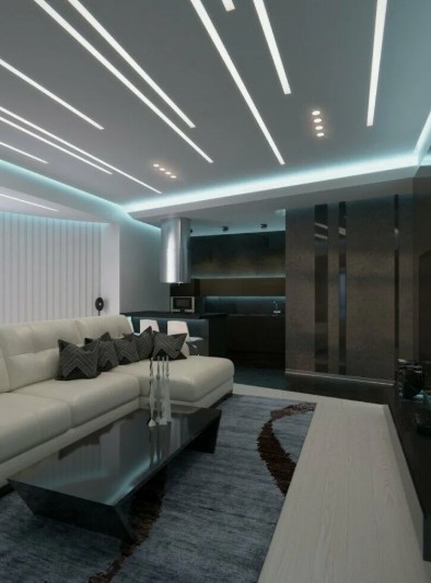 Натяжной потолок с подсветкой в зале, 15 м2